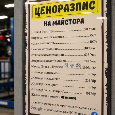 Табелка за автосервиз "Ценоразпис на майстора"